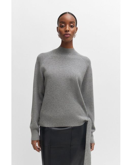 Boss Gray Tie-detail Sweater In Virgin Wool And Cashmere