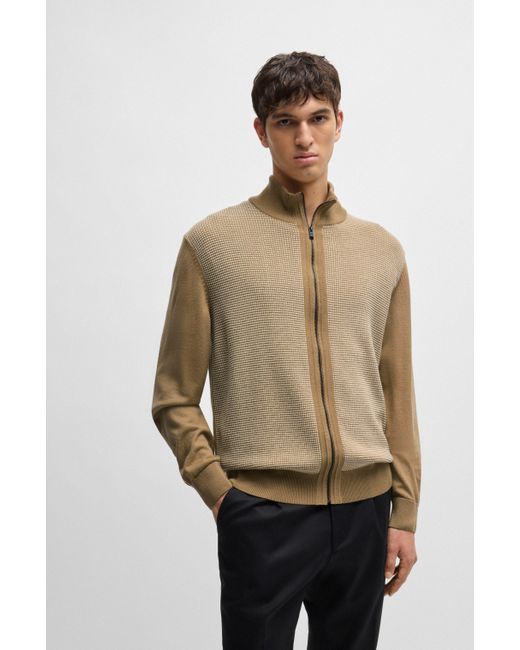 Boss Brown Zip-up Cardigan In Wool With Mixed Structures for men