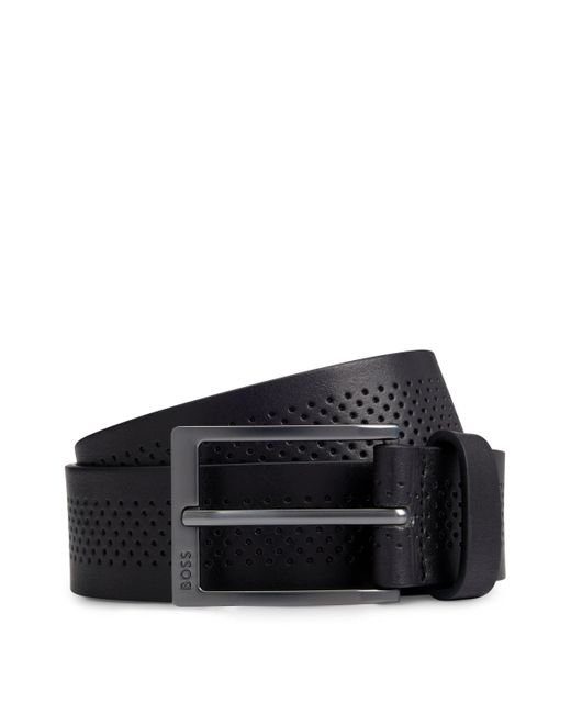 Boss Black Italian-leather Belt With Perforated Strap And Gunmetal Buckle for men