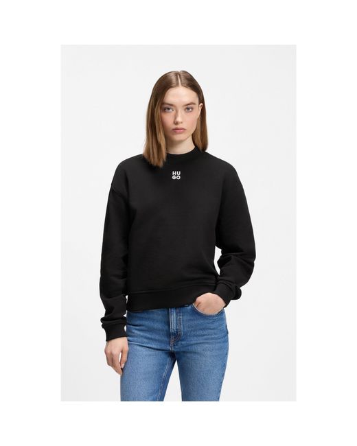 HUGO Black Cotton-Terry Sweatshirt With Stacked-Logo Embroidery