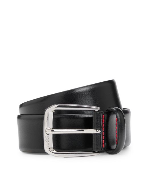 HUGO Black Italian-leather Belt With Branded Buckle for men