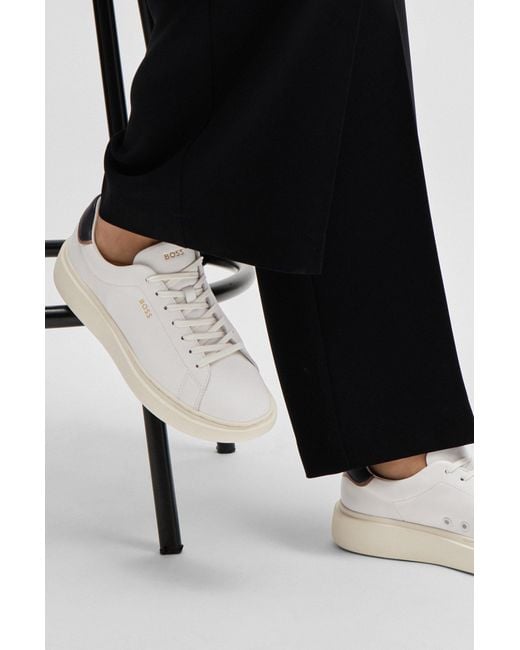 Boss White Lace-up Trainers In Leather With Logo Details
