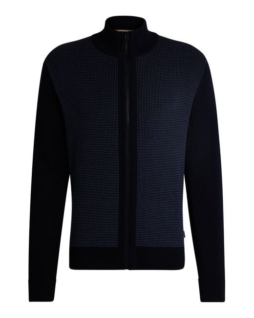 Boss Blue Zip-up Cardigan In Virgin Wool With Mixed Structures for men
