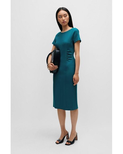 Boss Blue Slit-front Business Dress With Gathered Details
