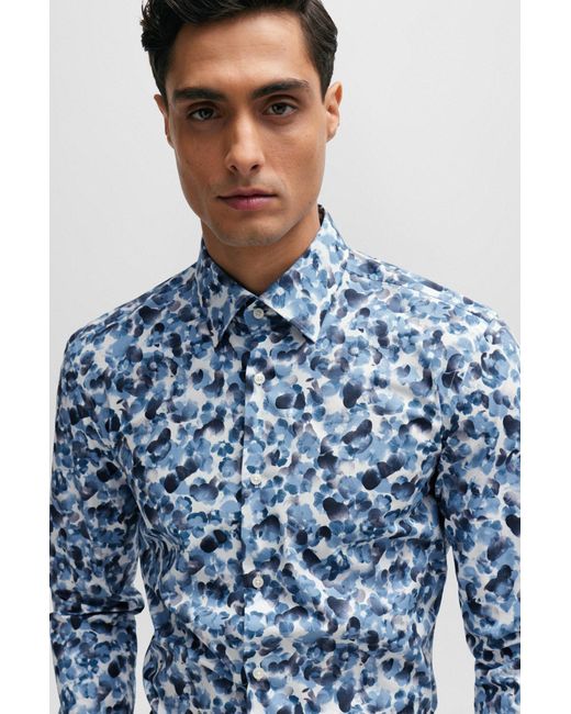 Boss Blue Slim-fit Shirt In Floral-print Stretch Cotton for men
