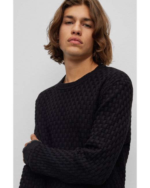 BOSS by HUGO BOSS Crewneck Sweater In Cotton With Woven Structure in