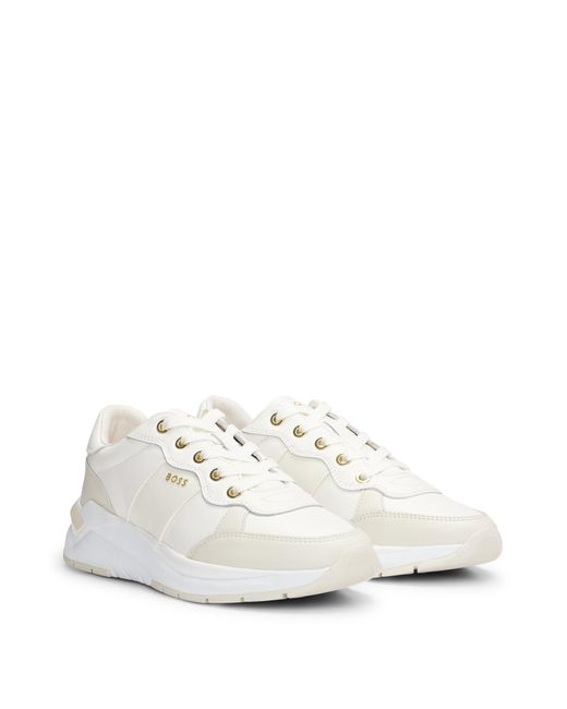 Boss White Leather Lace-up Trainers With Gold-tone Logo