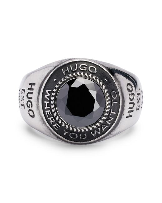 HUGO Stainless-steel Slogan-engraved Signet Ring With Black Stone for men