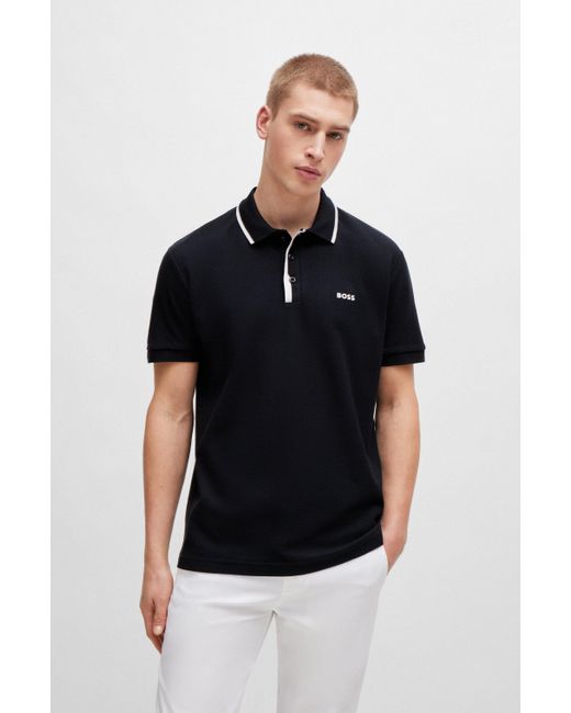 Boss Black Honeycomb-cotton Polo Shirt With Contrast Logo for men