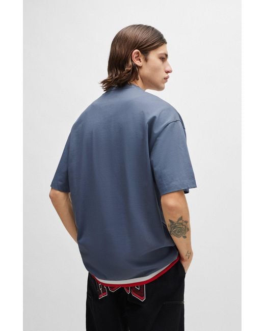 HUGO Blue Oversized-fit Basketball T-shirt With Varsity-style Branding for men