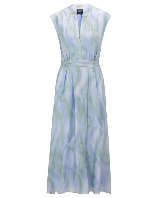 Boss Blue Short-sleeved Dress In Silk With Stripe Print