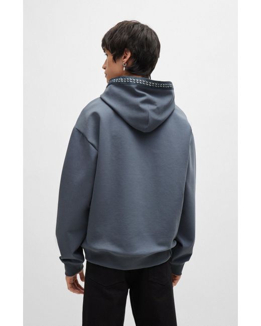 HUGO Blue Relaxed-fit Stretch-cotton Hoodie With Chain-detail Tape for men