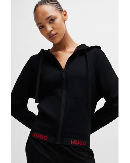HUGO Black Cotton-blend Zip-up Hoodie With Logo Waistband
