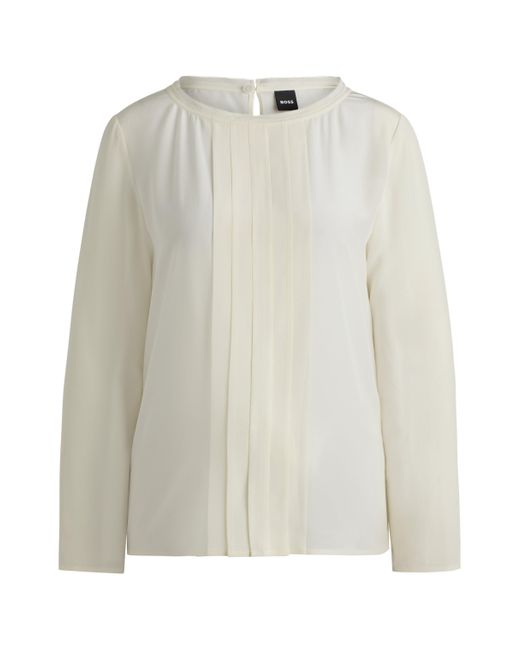 Boss White Long-sleeved Blouse In Washed Silk With Pleated Front