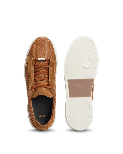 Boss Brown Gary Italian-made Woven Trainers In Leather And Suede for men