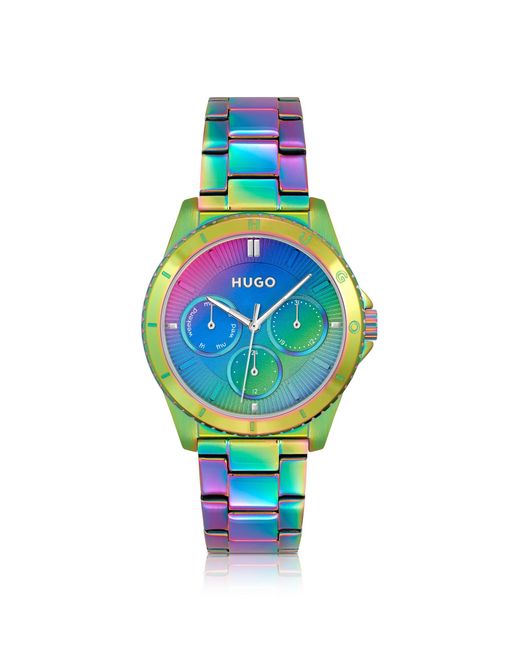 HUGO Blue Link-bracelet Watch In Rainbow-coloured Steel