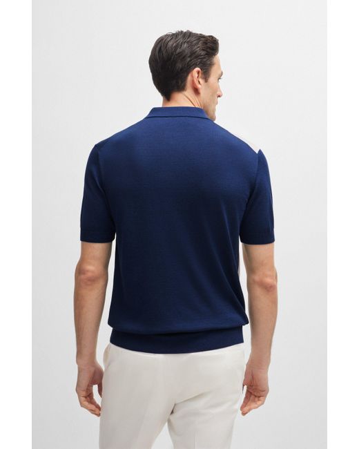 Boss Blue Polo-collar Regular-fit Sweater In Silk And Cotton for men