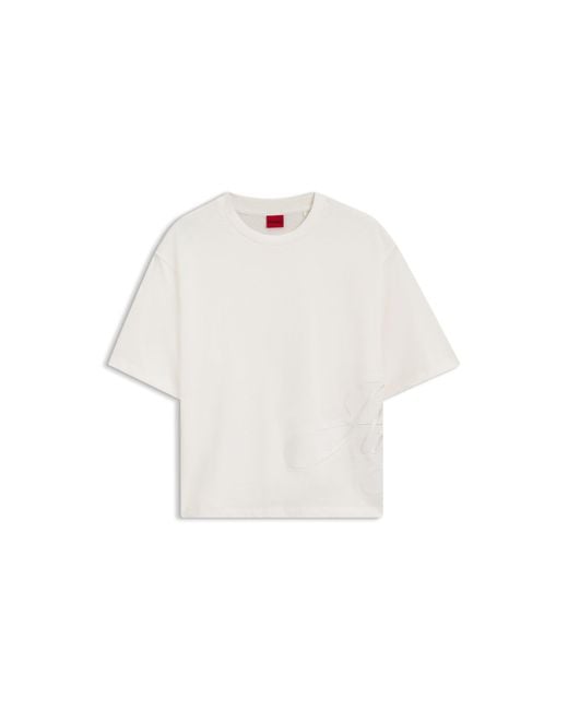 HUGO White Cotton-Jersey T-Shirt With Oversized Logo Embroidery