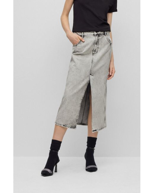 Boss Gray Bleach-washed Denim Skirt With Front Slit