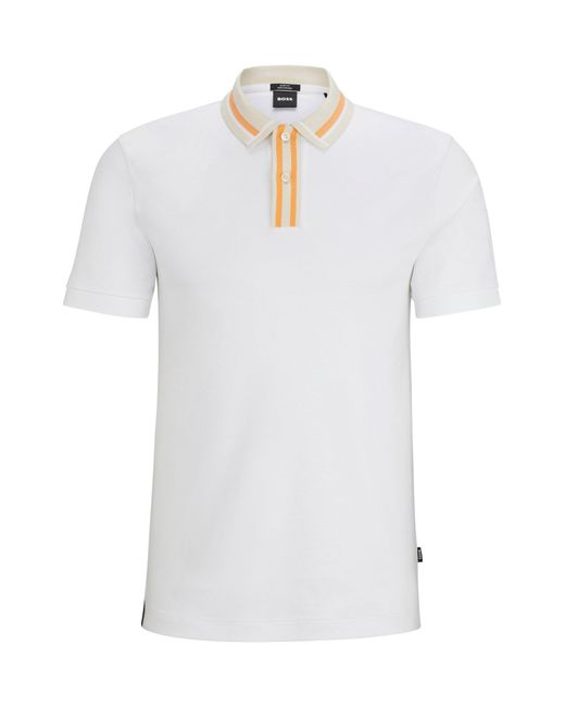 Boss White Mercerised-cotton Slim-fit Polo Shirt With Contrast Stripes for men