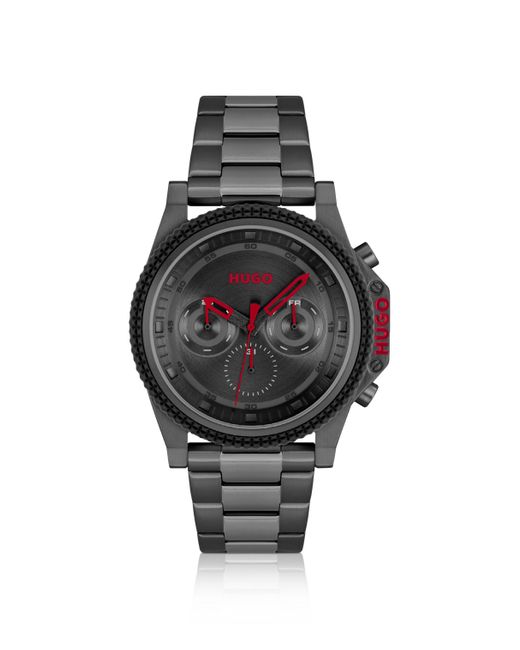 HUGO Uhr mit Gliederarmband, schwarzem Zifferblatt und Silikonlünette in Black für Herren