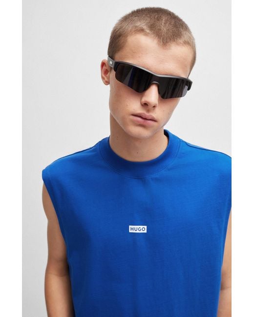 HUGO Blue Cotton-jersey Sleeveless T-shirt With Logo Prints for men