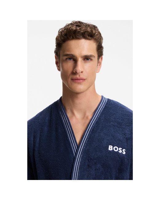 Boss Blue Cotton Dressing Gown With Embroidered Logo for men