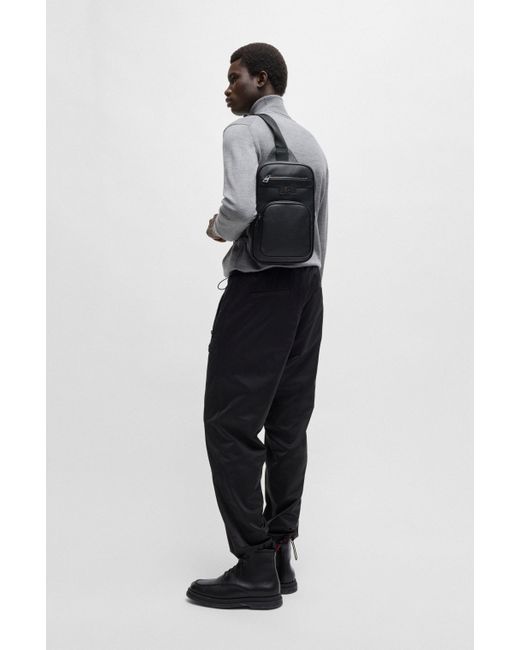 HUGO Black Grained Mono-Strap Backpack With Stacked Logo for men