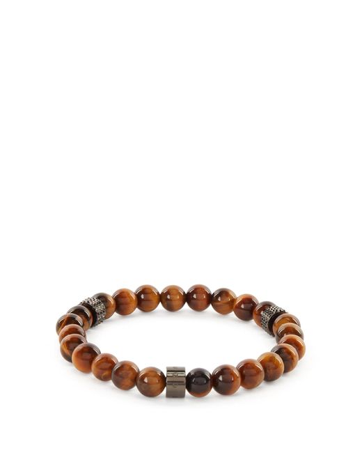 BOSS by Hugo Boss Brown Tiger-eye Beaded Cuff With Metal Logo Disc for men