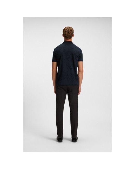 Boss Blue Stretch-Cotton Polo Shirt With All-Over Print for men