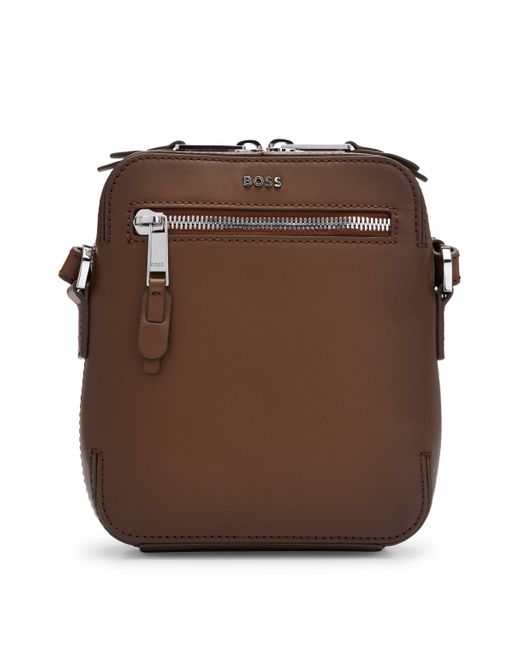 Boss Brown Leather Reporter Bag With Metallic Logo Lettering for men