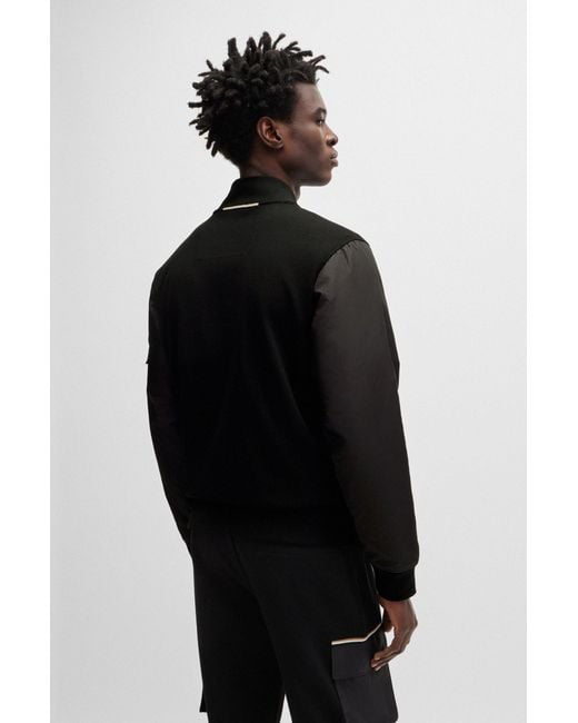 Boss Black Cotton-blend Zip-up Sweatshirt With Signature-stripe Detail for men