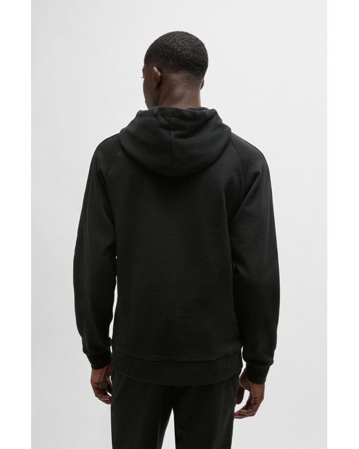 HUGO Black Cotton-terry Hoodie With Logo Tape Sleeves for men