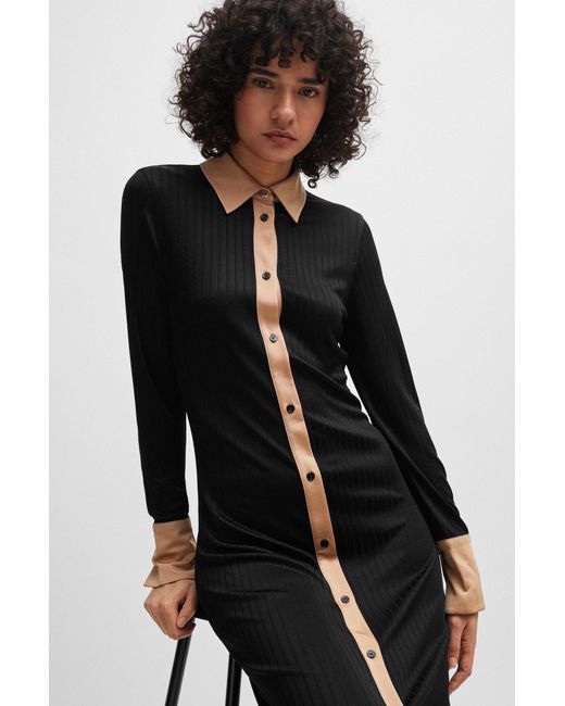 Boss Black Long-length Shirt-style Dress In Ribbed Jersey