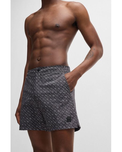 Boss Gray Quick-dry Swim Shorts With Monogram Print for men