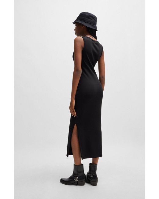 HUGO Black Long-length Dress In Stretch Jersey With Stacked Logo