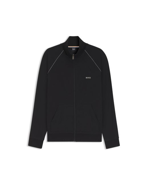 Boss Blue Stretch-Cotton Zip-Up Jacket With Embroidered Logo for men