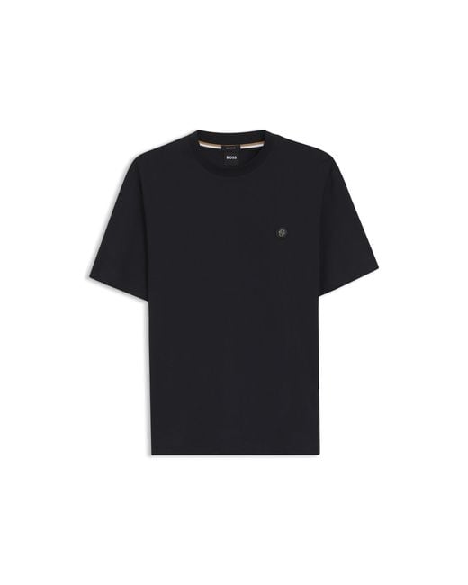 Boss Black Cotton T-Shirt With Double-B-Monogram Badge for men