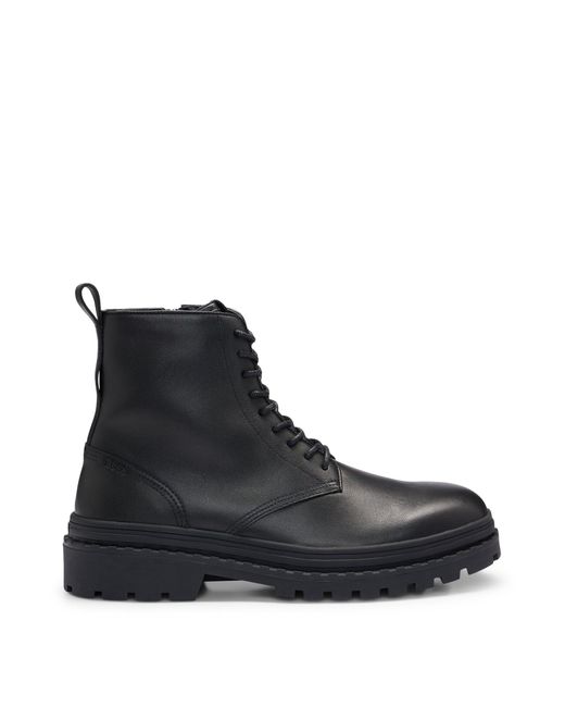 Boss Black Leather Lace-up Boots With Rubber Outsole for men