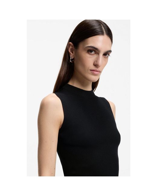 Boss Black Ribbed-Knit Top With Mock Neckline