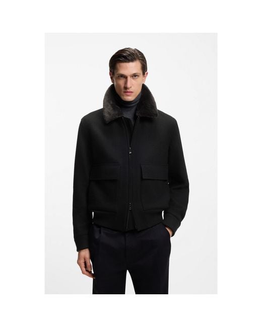 Boss Black Wool-Cashmere Coat With Faux-Fur Collar for men