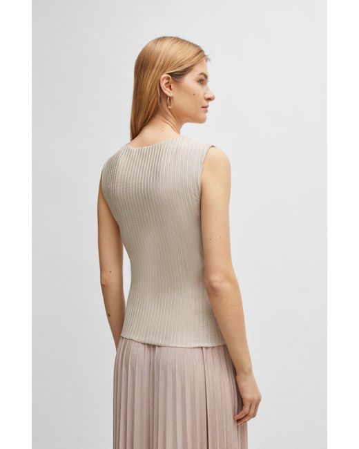 Boss Natural Sleeveless Jersey Top With V Neckline And Pliss Pleats