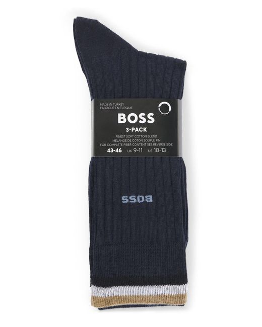 Boss Blue Three-pack Of Regular-length Cotton-blend Socks for men