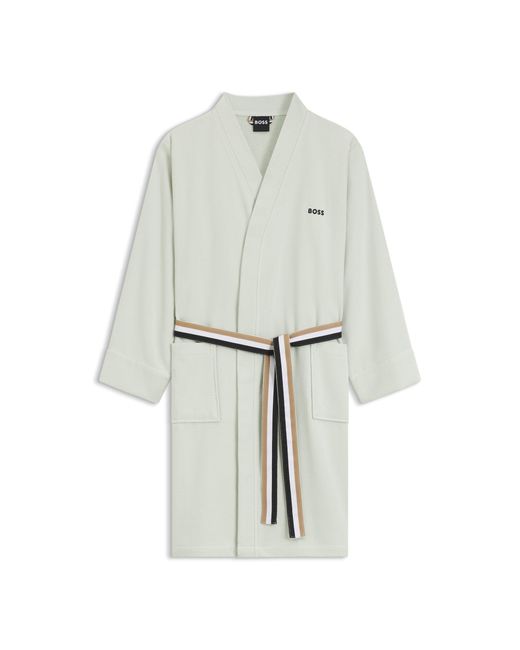Boss White Cotton Dressing Gown With Signature-Stripe Belt