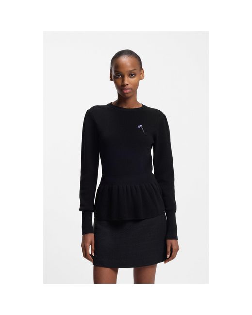 HUGO Black Cotton Sweater With Detachable Floral Brooch