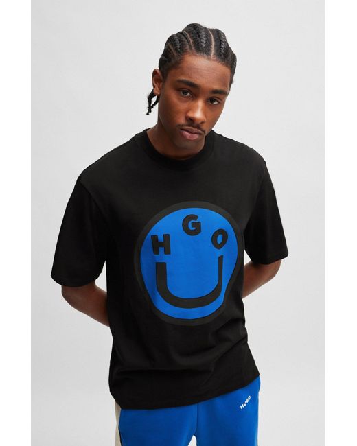 HUGO Blue Cotton-jersey T-shirt With Happy Logo Artwork for men