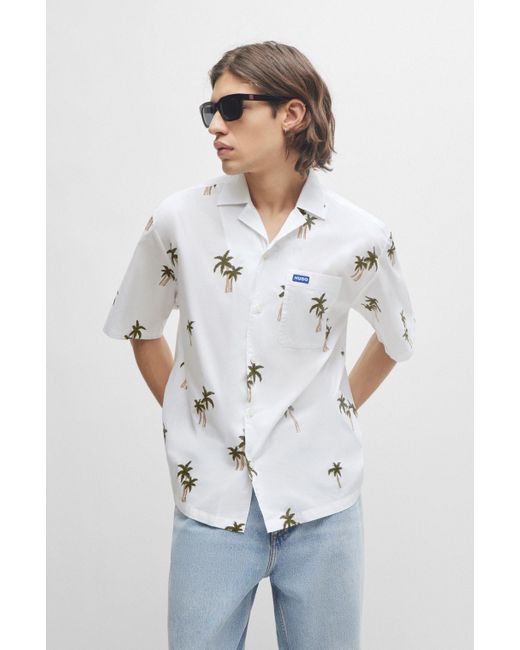 HUGO White Oversize-fit Shirt In Printed Cotton Poplin for men