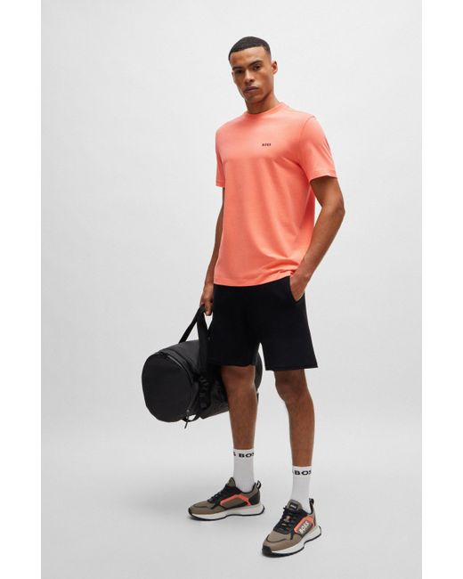 Boss Pink Stretch-cotton Regular-fit T-shirt With Contrast Logo for men
