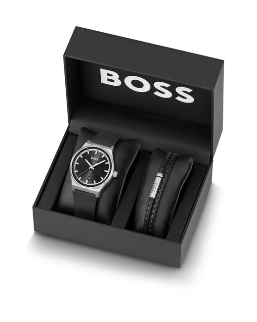 Boss Uhr mit schwarzem Zifferblatt und geflochtenes Lederarmband in der Geschenkbox in Black für Herren