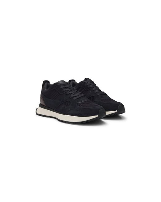 Boss Blue Trainers With Knit And Burnished-Leather Trims for men